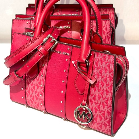 Michael Kors Sheila Small Studded Signature Logo Satchel Dark Raspberry Multi - Picture 7 of 10